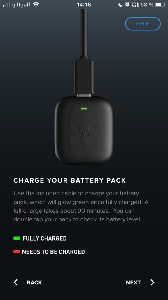screenshot from the Whoop app showing how to charge the battery pack