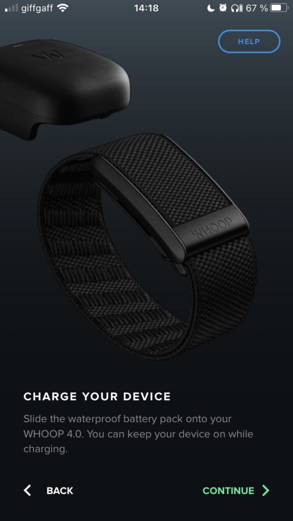 screenshot from the Whoop app showing how to fix the battery pack to the Whoop device to charge it