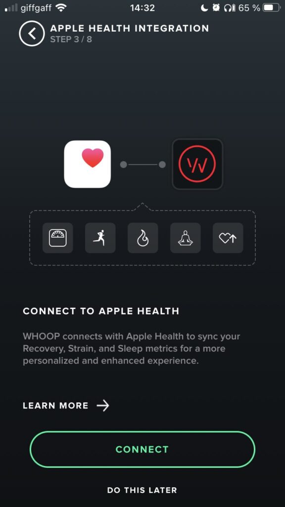 a screenshot of the Whoop setup showing how to connect Apple Health