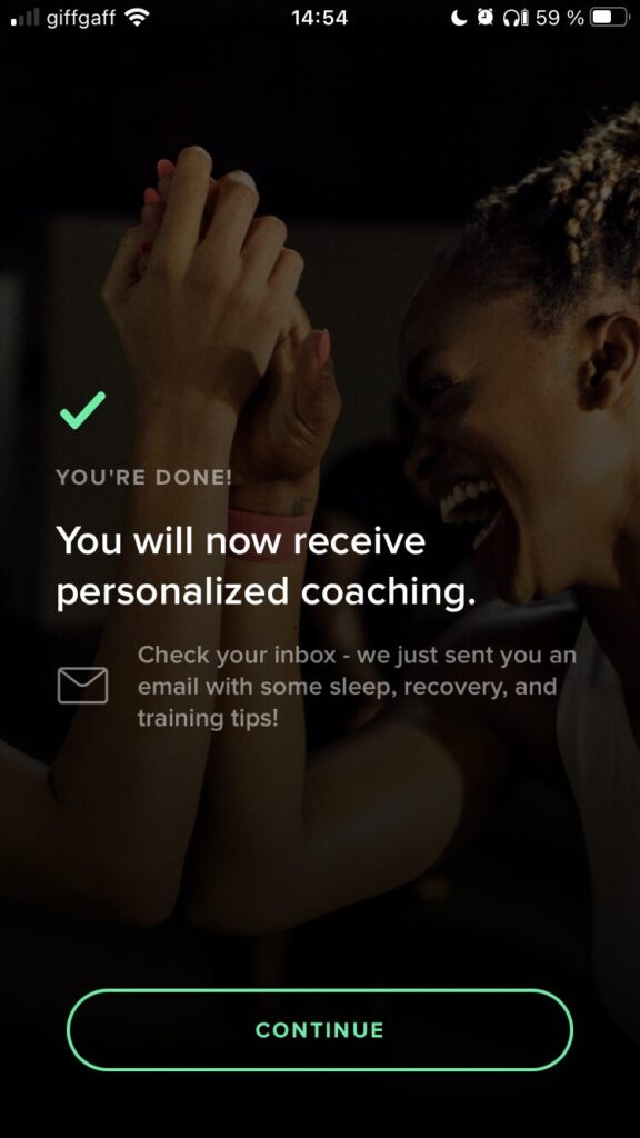 a screenshot from the Whoop setup showing the confirmation that personalised coaching has been set up