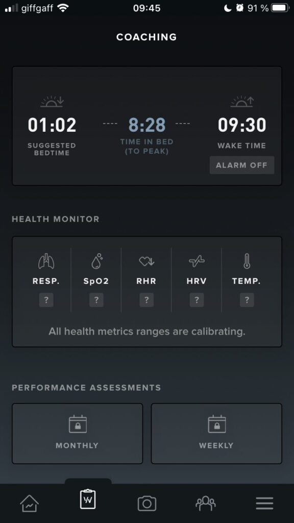 a screenshot from the Whoop app showing uncalibrated settings from before 30 days of data had been collected