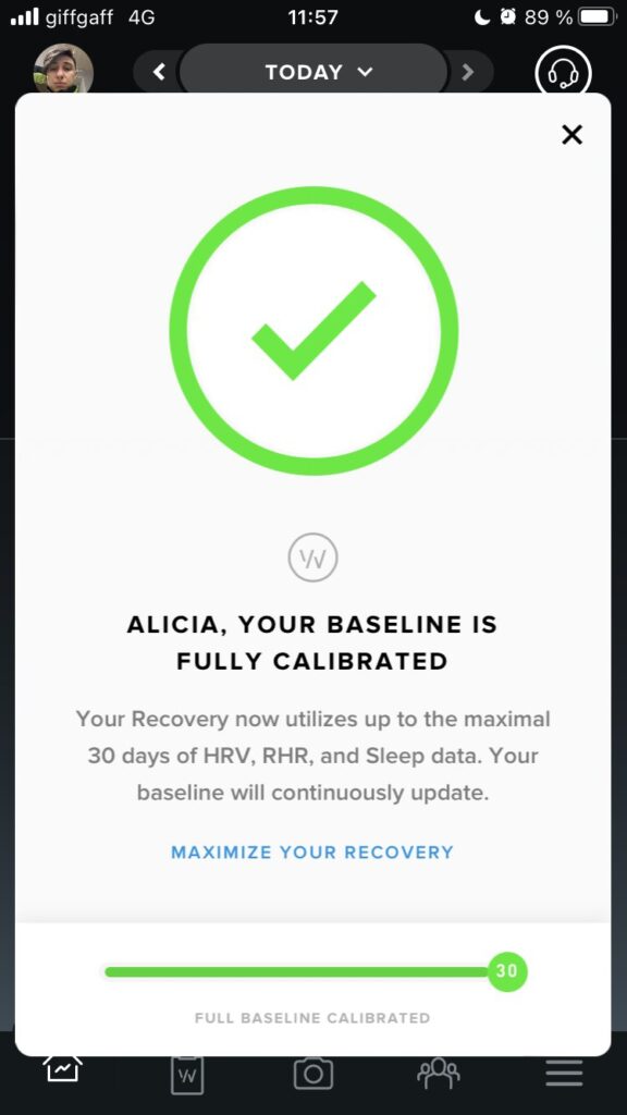 a screenshot from the Whoop app showing that the user's baseline had been calibrated after 30 days of data