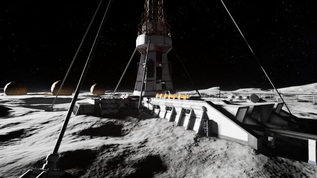 The lunar station sits on the surface of the moon. It is large and has a tower in the center with four giant spoke legs fastened to the moon's cratered ground.