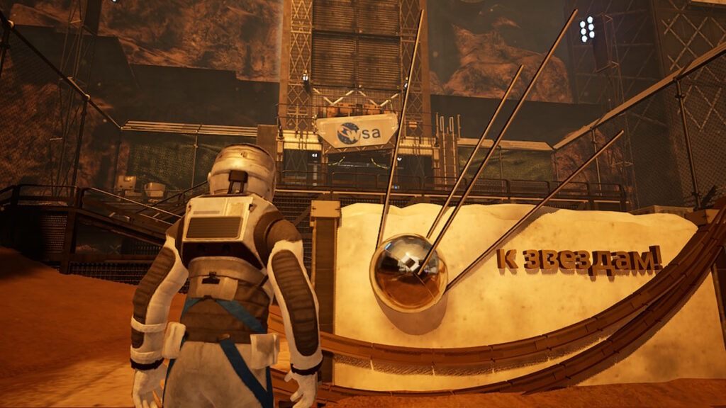 A sign for the WSA, World Space Agency hangs on the buildings exterior. The nearly inhabitable Earth lays in ruin of rock, dirt, and metal. The large sign shows a giant space station.