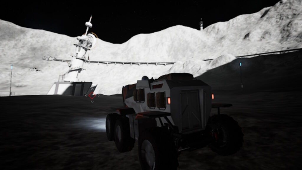 A lunar rover vehicle with six wheels sits at the forefront. The shadows of the moon are forebroading but there is a lunar station in the background in the lit area from the sun. The station is set in the center of a giant crater.