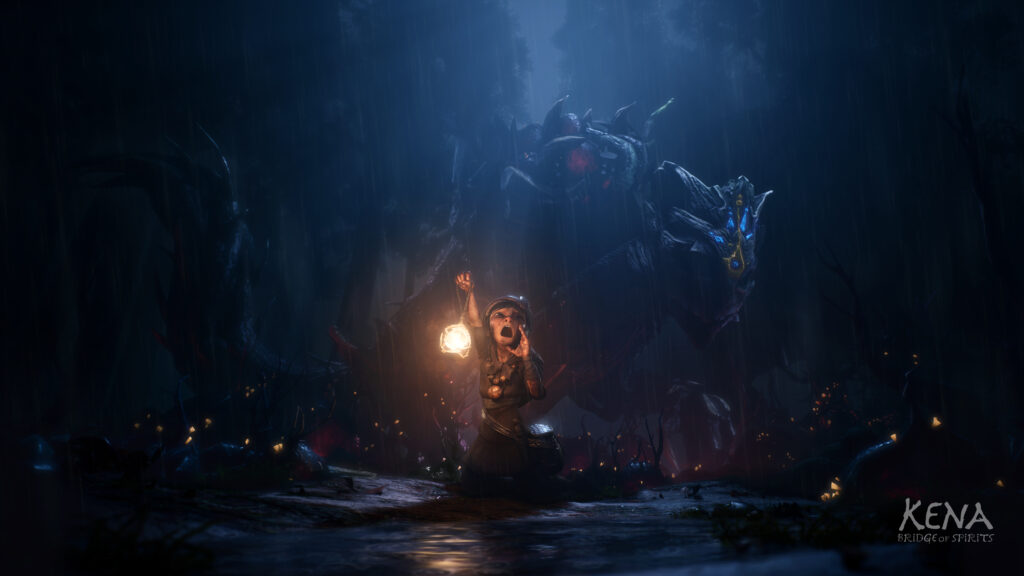 A character frozen in time holding a light and shouting. Behind them stands a huge wooden golem twice as tall as the person. In their left hand they hold a large wooden shield.