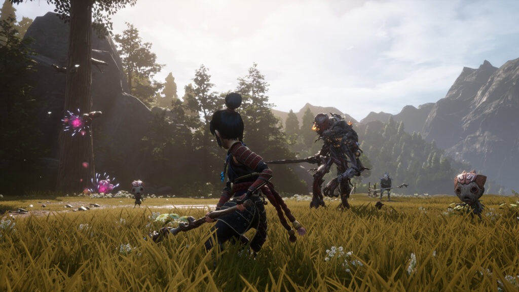 A tallen wooden golem a mini boss runs at Kena in the middle of the screen. To the right and left are smaller enemies that made of wood and natural materials.