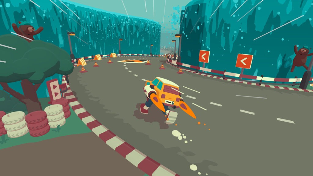 the car is veering around a corner - and he is on legs