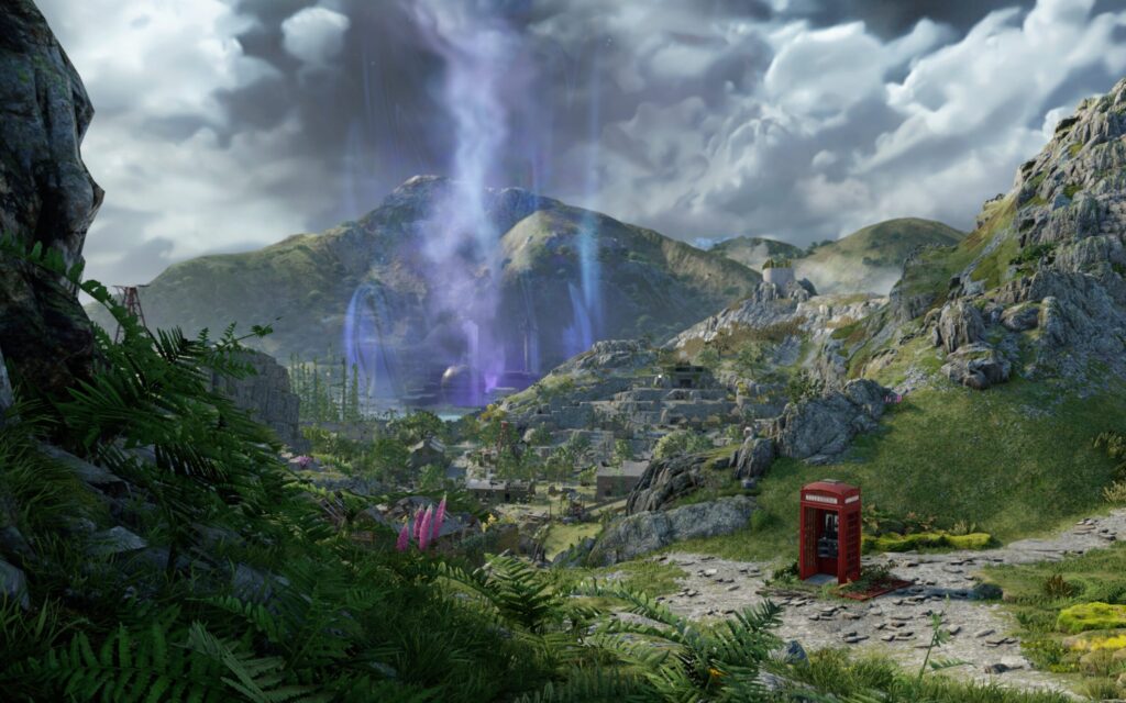In-game screenshot of the scenery in Atomfall, featuring a red telephone box against a green hilly backdrop.