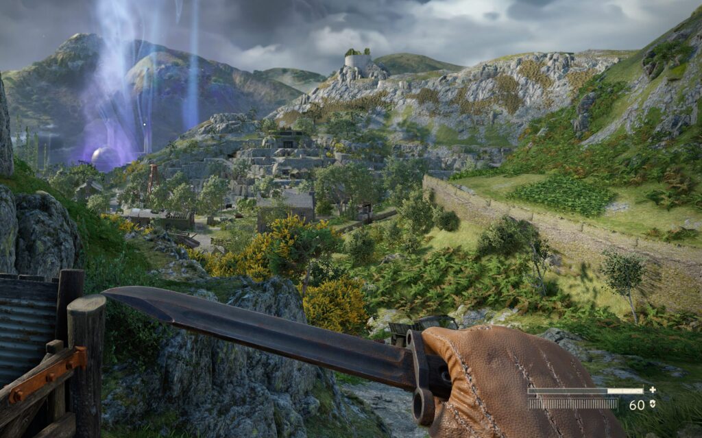 Atomfall screenshot again showing the green hills but the player has a military-style knife in their hand