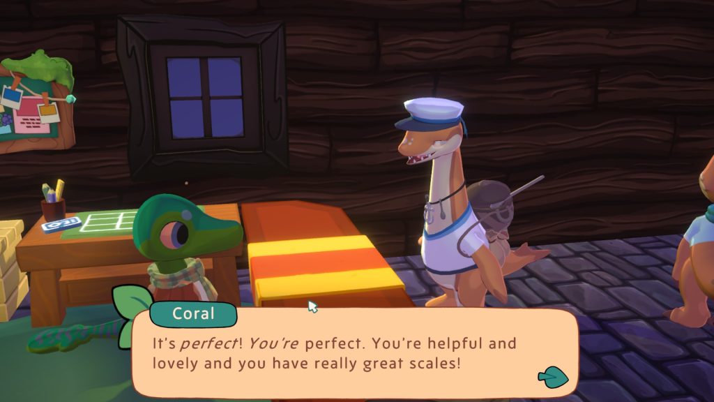 Coral interacting with the shopkeeper saying"It's perfect! You're perfect. You're helpful and lovely and you have really great scales!"