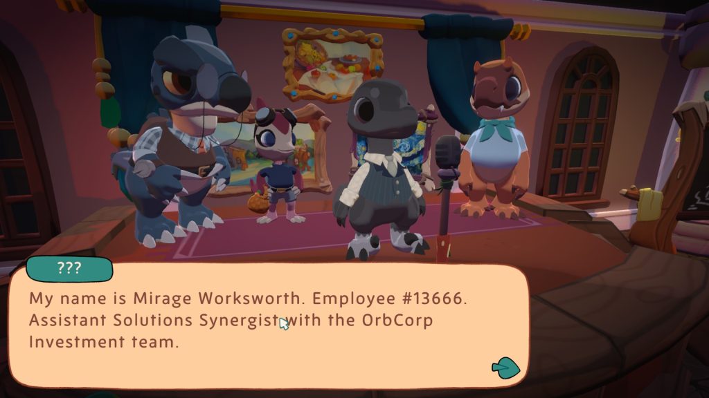 Adi, Mayor Marshall Clawsworth and Amber standing behind Mirage Worksworth, an OrbCorp employee.