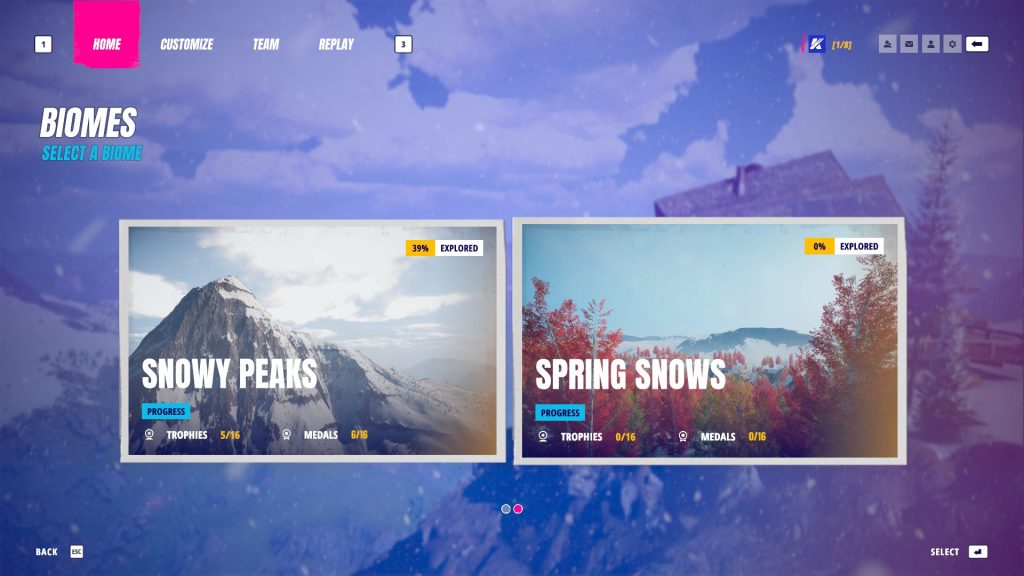A menu from "Descenders Next", showing the maps 'Snowy Peaks' and 'Spring Snows'