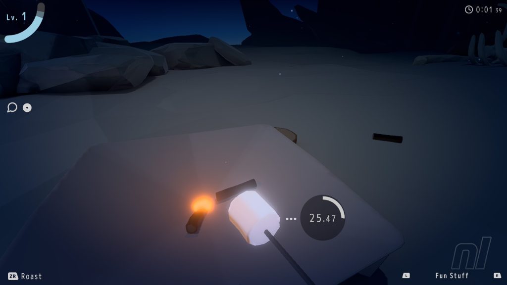 Toasting a marshmallow on a tiny in-game campfire.