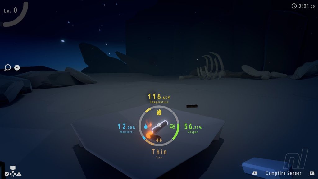 Gameplay screenshot depicting a tiny campfire with statistics for temperature, moisture, size and oxygen.