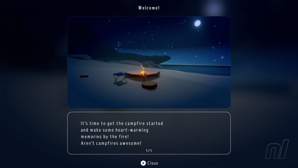 Welcome screen for Chillin' by the Fire showing a fold out chair, small campfire and log stool under the stars.