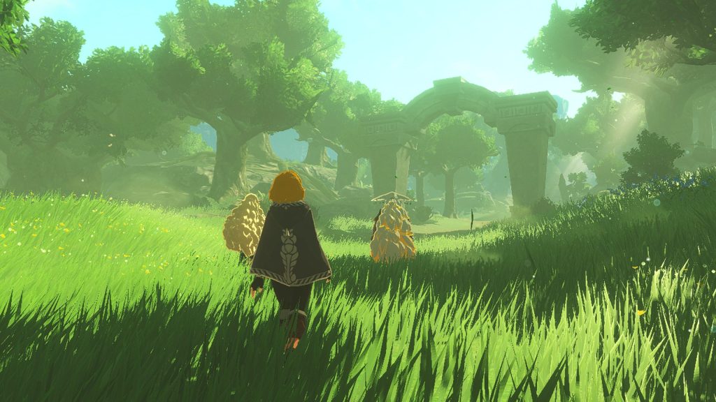 Hyrule Warriors: Age of Imprisonment Screenshot showing characters walking through a field in Hyrule