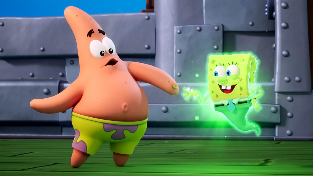 Patrick and SpongeBob beginning their adventure. SpongeBob is in his ghostly form.