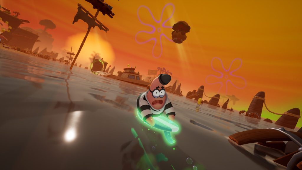 Patrick in his prison clothes zooms along, backwards on a surfboard.