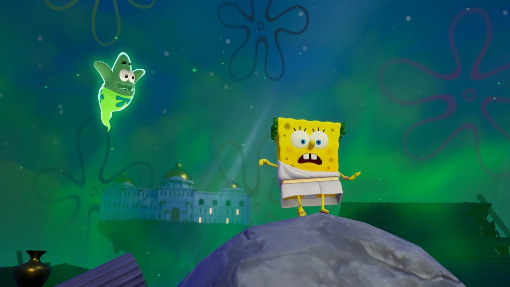 Patrick in his ghostly form hovers above SpongeBob in his toga outfit.