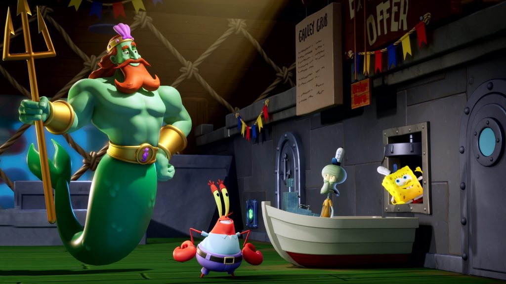 King Neptune, Mr. Krabs, Squidward, and SpongeBob standing in the Krusty Krab.