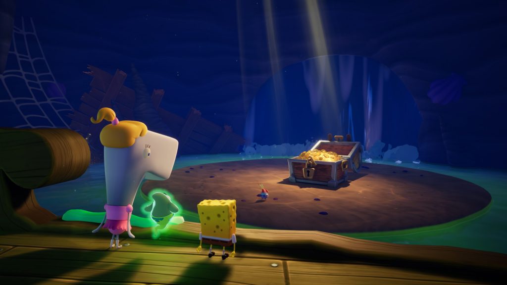 Pearl, Patrick, and SpongeBob stare at the treasure they found.