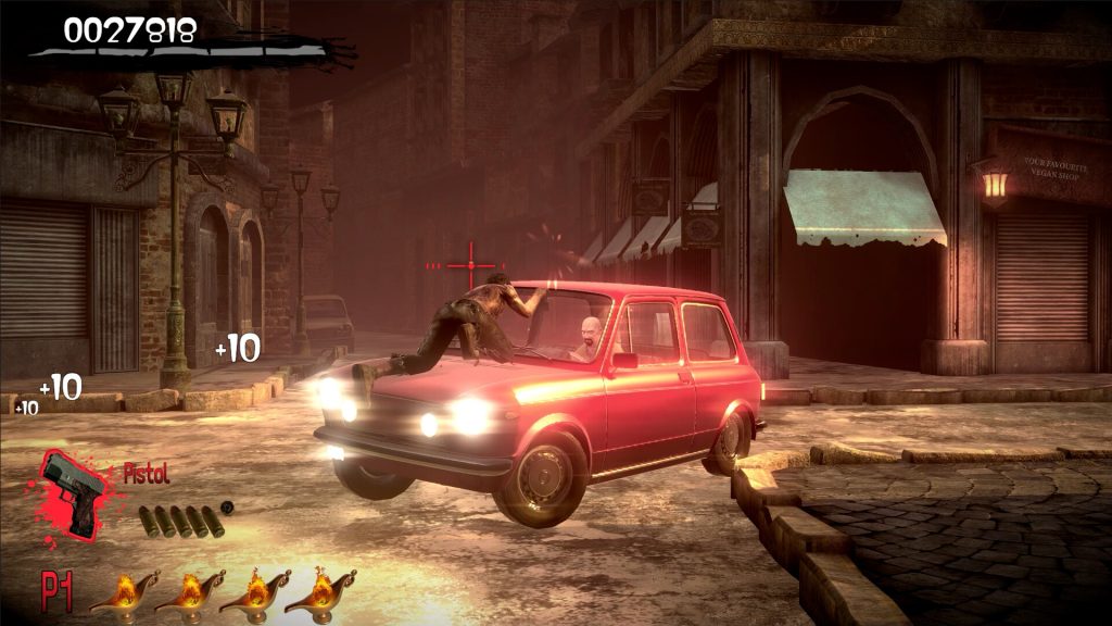The House of the Dead 2: Remake screenshot showing a zombie on top of a car whilst a man is driving.