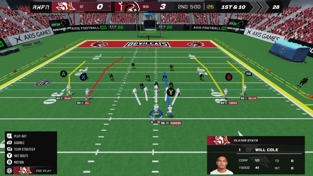 An example of a "play" being run in the game, with arrows being shown on the field, with the red arrow being the hopeful main target.