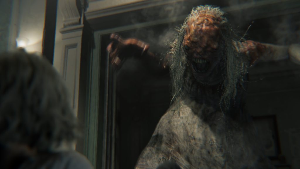 A hulking girl chases Grace down and tries to capture her inside the Rhodes Hill Chronic Care Center.