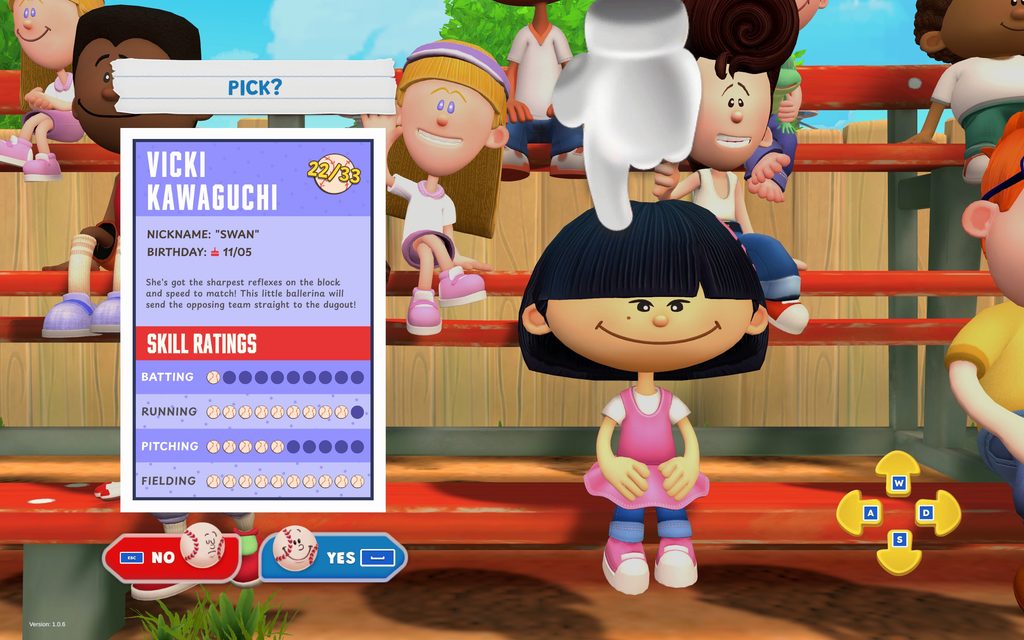 An example of the selection screen in Backyard Baseball, with the charicter 'Vicki Kawaguchi'.