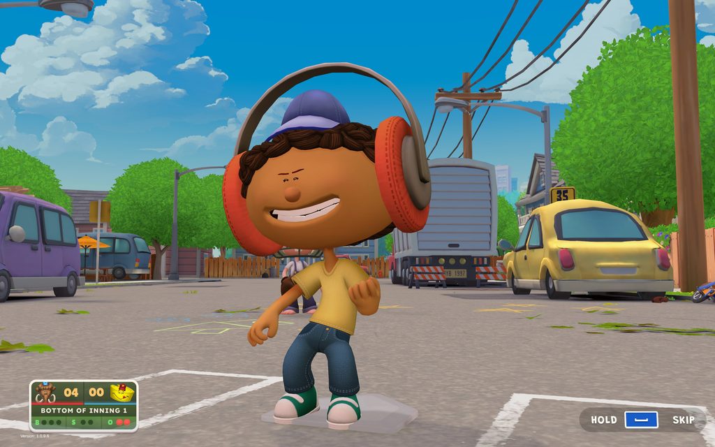 A charaicter of Backyard Baseball, playing air guitar in a parking lot stage.